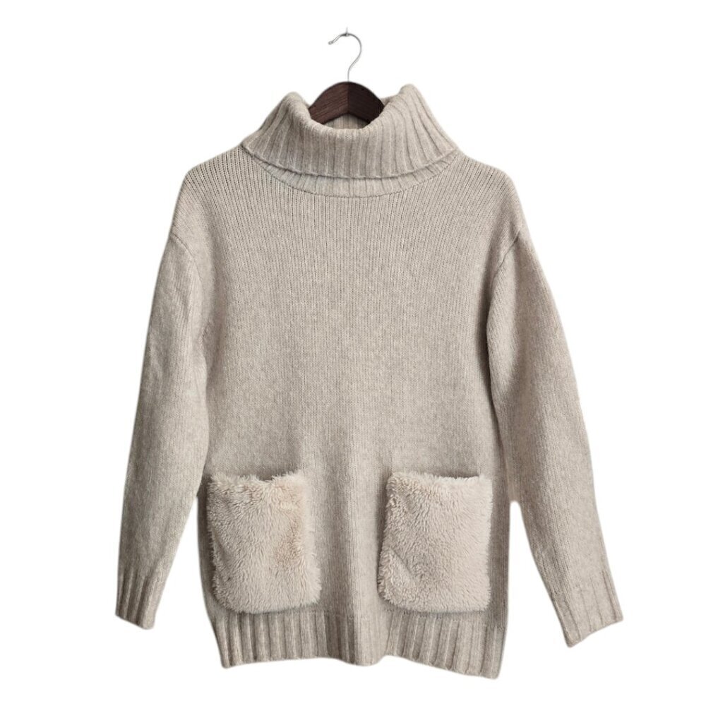 Magaschoni Knitted Wool Blend Turtleneck Sweater With Faux Fur Pockets Sz XS